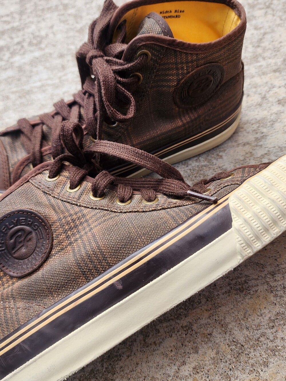 PF Flyers Brown Canvas Plaid High-Top Grunge Skater Sneakers, Sz M 5.5, W 7
